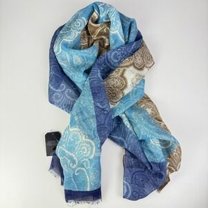 Paisley Scarf Womens Blue Brown Cotton Linen Blend Soft Elegant Wrap Classic NWT